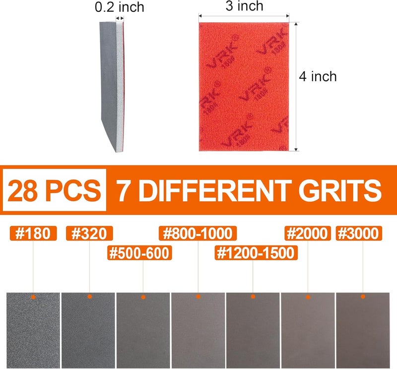 VRKET 28 Pcs 180-3000 Grit Sanding Sponge,Ultra Fine Sandpaper,Soft Foam Hand Sander Block Wet Dry Sanding Pads for Automobile Wood Furniture Metal Drywall Polishing - Image 2